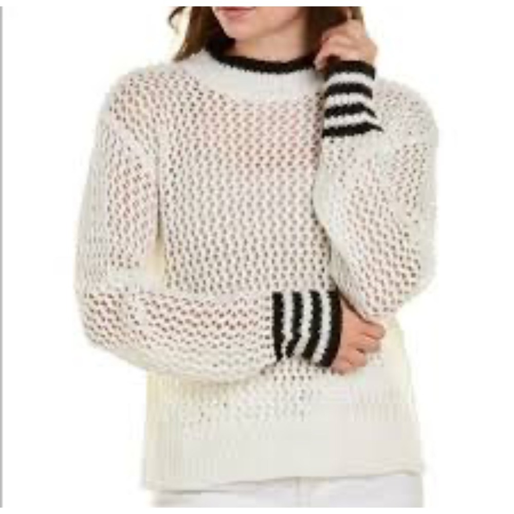 Elan Womens Cream‎ Mock Neck Open Knit Sweater Black Stripe Cuff Detail Medium